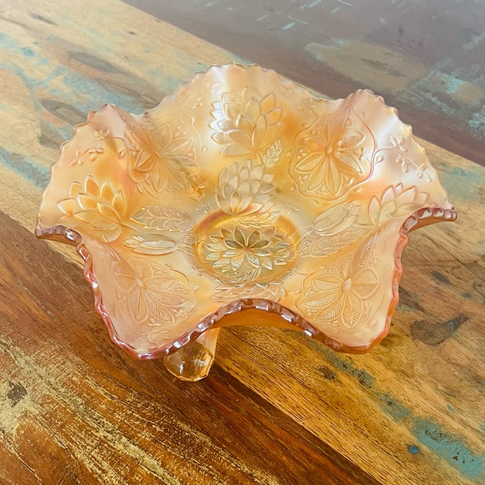 Fenton Vintage Lotus Floral Carnival Glass Candy Dish Bowl - Orange